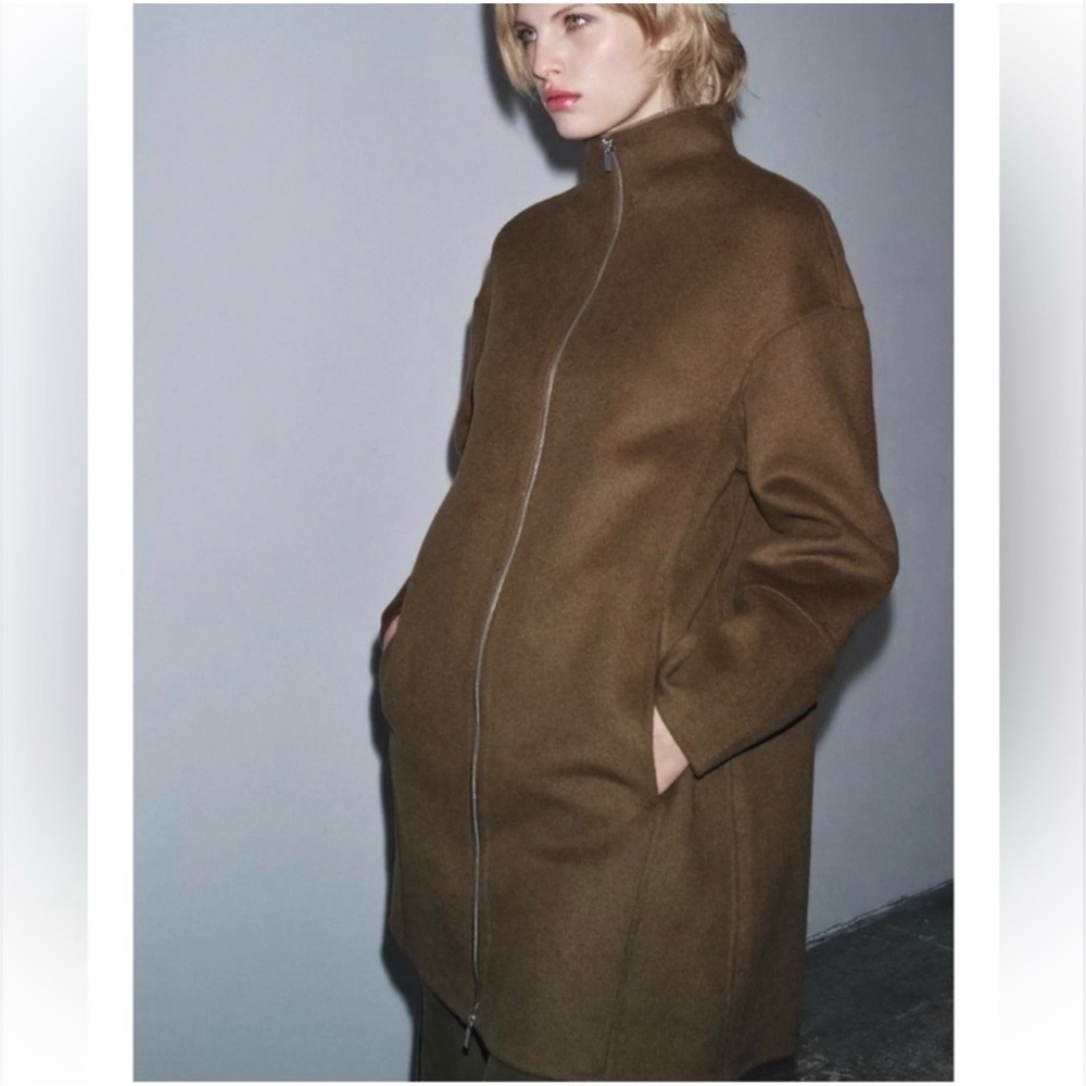 NWT Zara Collection Wool Blend Cape Coat Large Olive - Picture 5 of 5